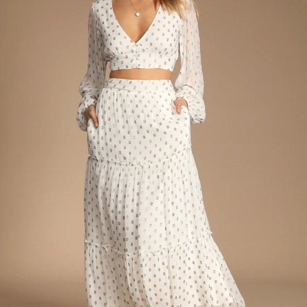 Lulu's You Dot the Love White and Gold Two-Piece Dress With Pockets